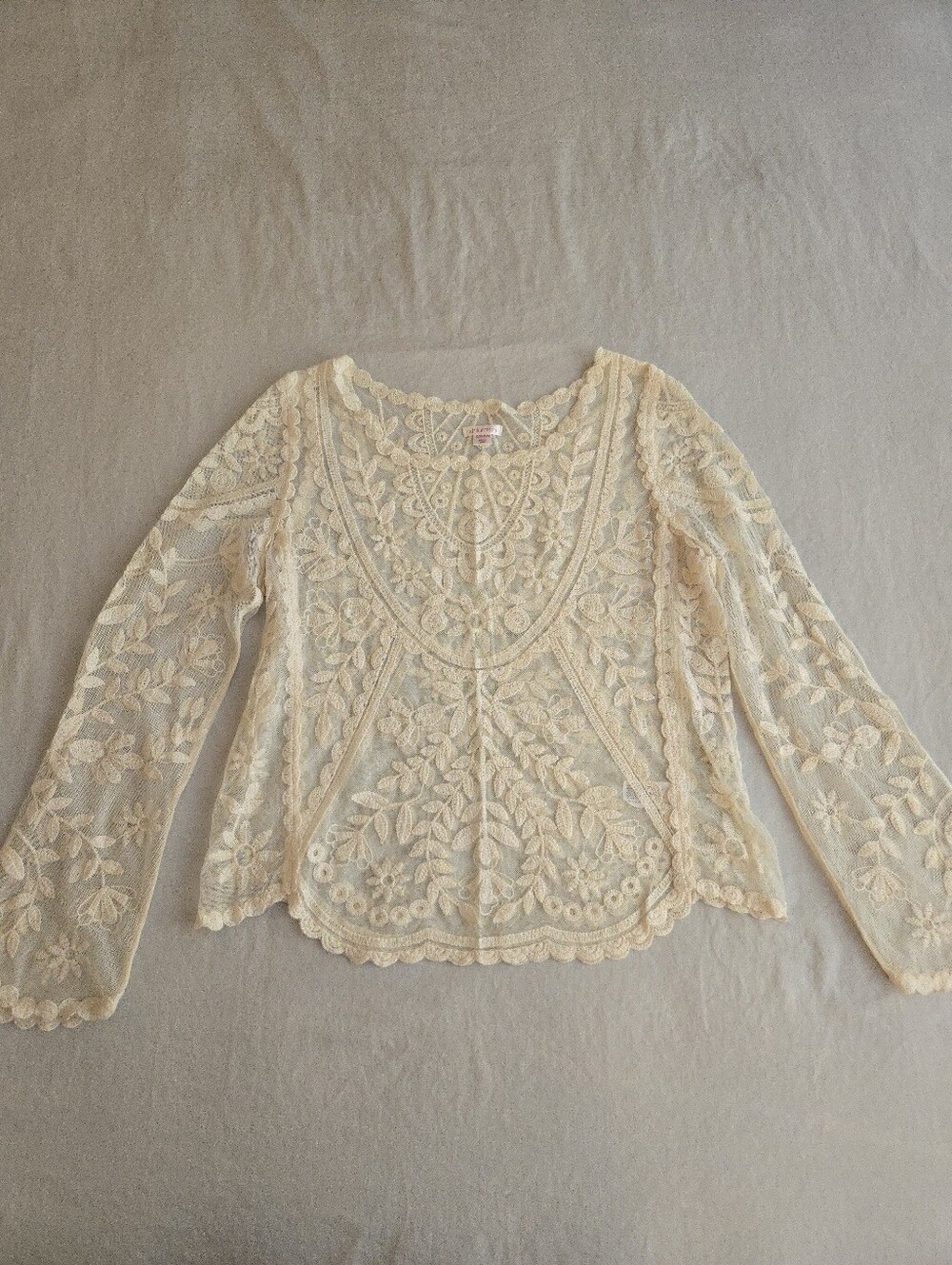 Xhilaration S/M Cream Intricate Crochet Lace Sheer Long Sleeve Top Boho EB4